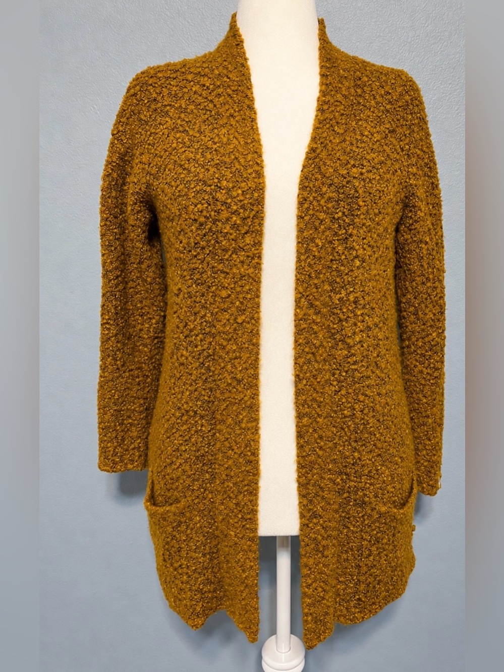 Forever 21 Mustard Boucle Cardigan Longline Open Front Pockets Boho Cozy Medium